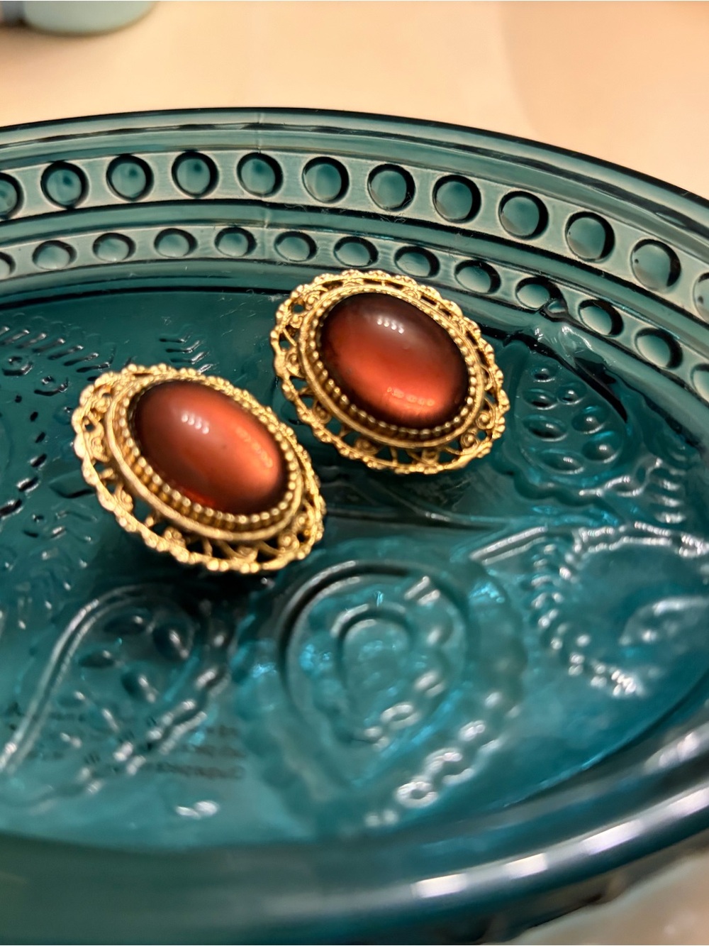Gold Filigree Victorian Style Earrings with Purple Cabochons
